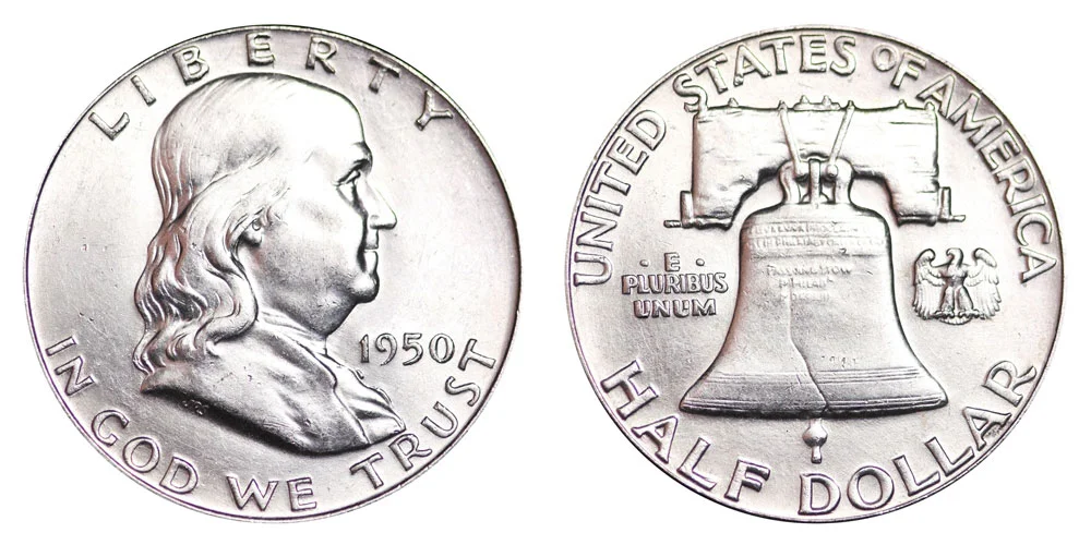 1950 Franklin Half Dollar obverse showing Benjamin Franklin portrait and reverse showing Liberty Bell