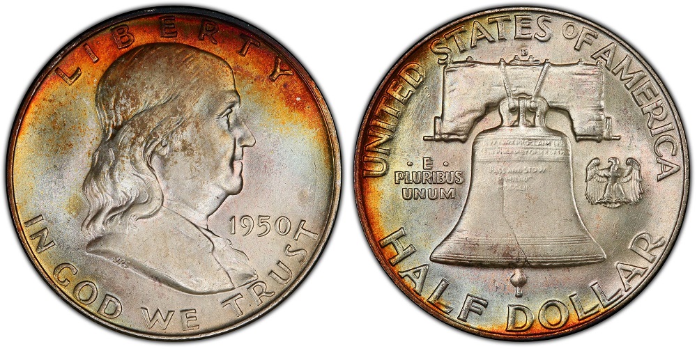 Side-by-side comparison of 1950 Franklin half dollar Liberty Bell lines — incomplete bell lines vs Full Bell Lines (FBL)
