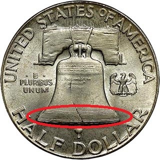 1950 Franklin half dollar Full Bell Lines (FBL) — close-up of Liberty Bell reverse showing complete horizontal lines