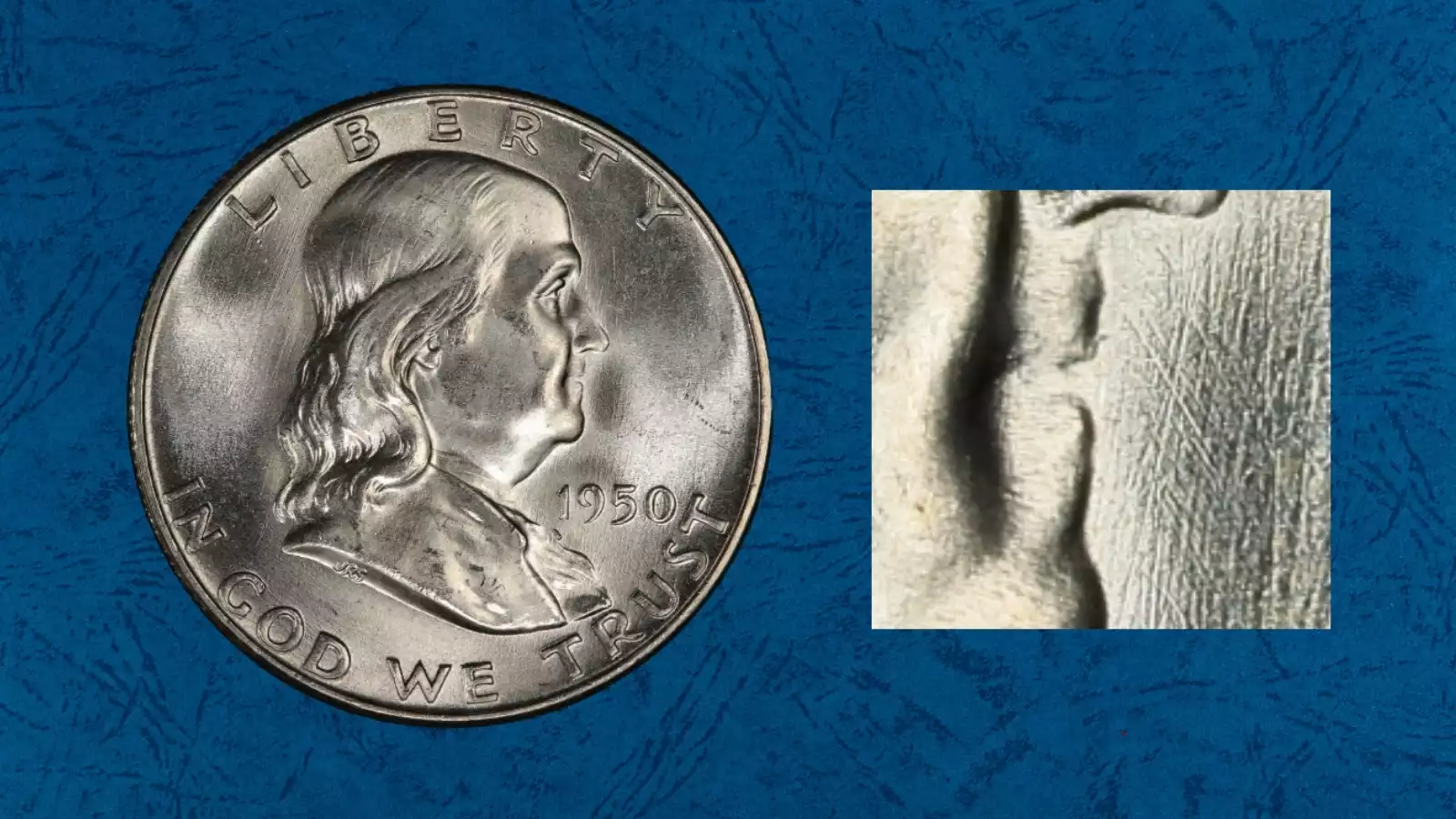 1950 Franklin half dollar 'Bugs Bunny' die clash variety FS-401 — close-up of Franklin's mouth showing raised clash lines above lip