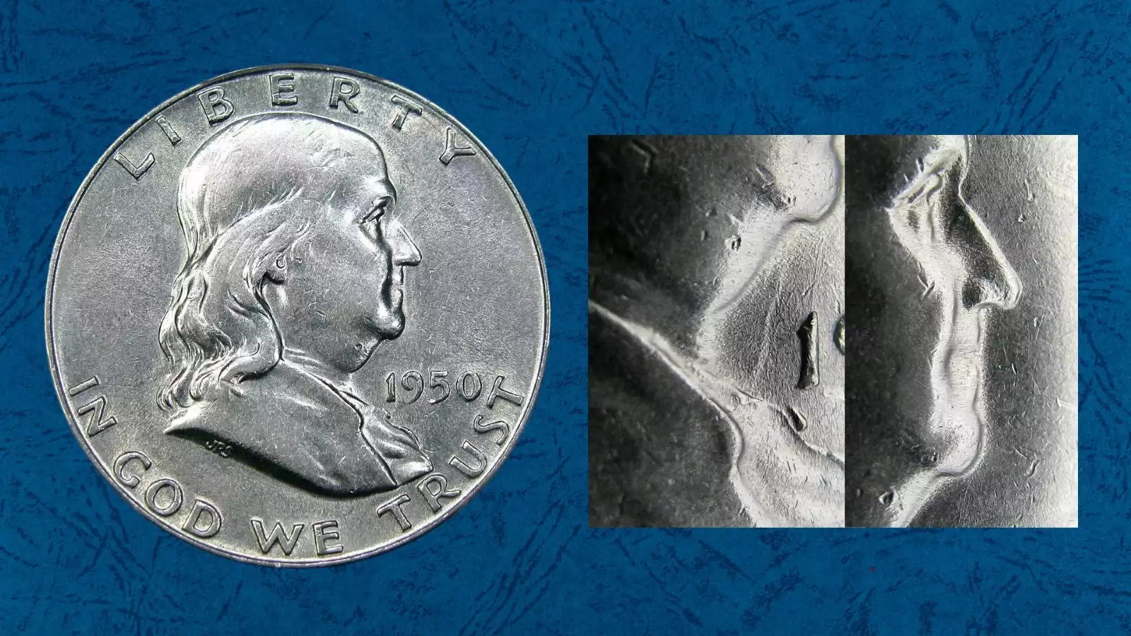 1950 Franklin half dollar 'Booger' variety FS-402a — obverse close-up showing raised blob on Benjamin Franklin's nose