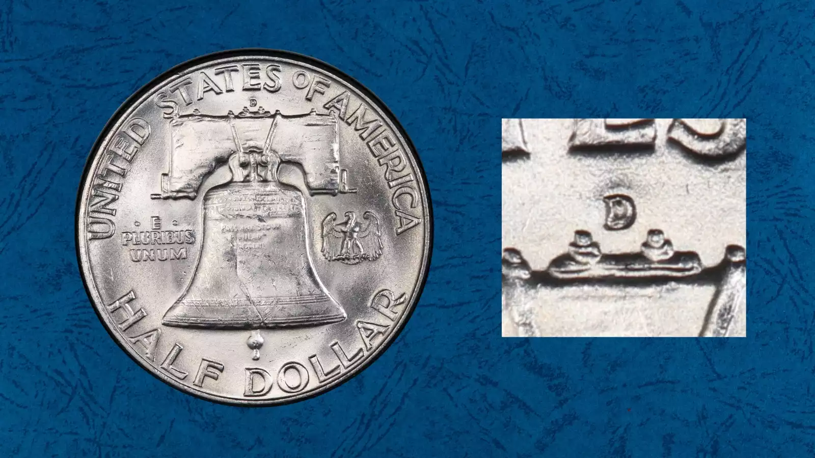 1950-D Franklin half dollar D/D repunched mintmark FS-501 — close-up showing secondary D impression below primary mintmark above Liberty Bell