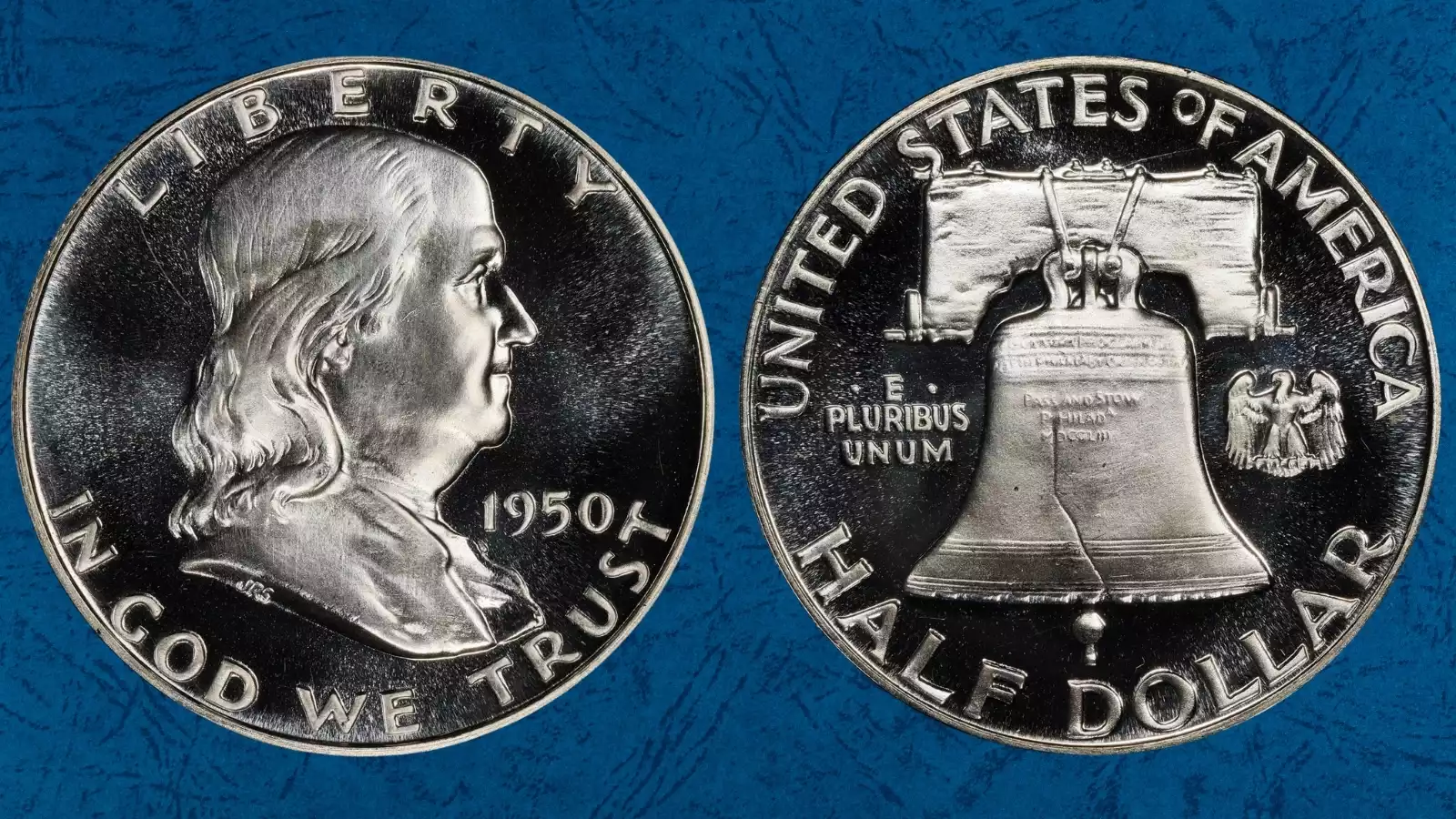 1950 Proof Franklin half dollar showing mirror-like fields and frosted devices, graded by PCGS — lowest proof mintage in the Franklin series