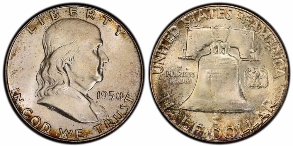 1950 Franklin half dollar grading strip showing four condition tiers from worn through gem uncirculated